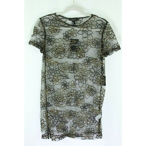 Forever 21 Dress AFTER DARK Sheer Floral Gold Black Sheath Juniors S NEW - Picture 1 of 9